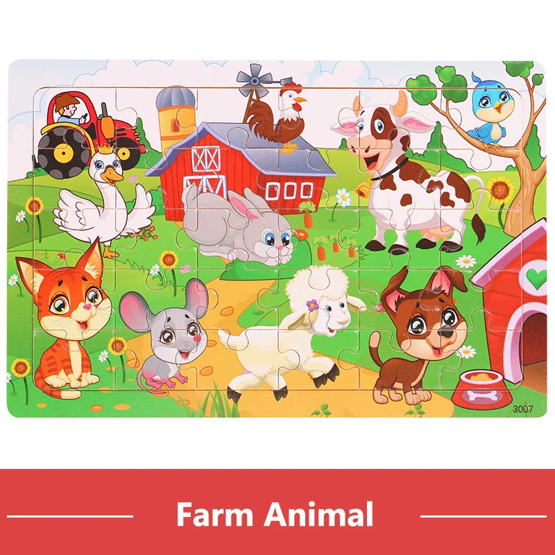 New 30 Pieces Wooden 3D Puzzles Cartoon Animal Jigsaw Puzzle Board Game Preschool Montessori Educational Toys for Children