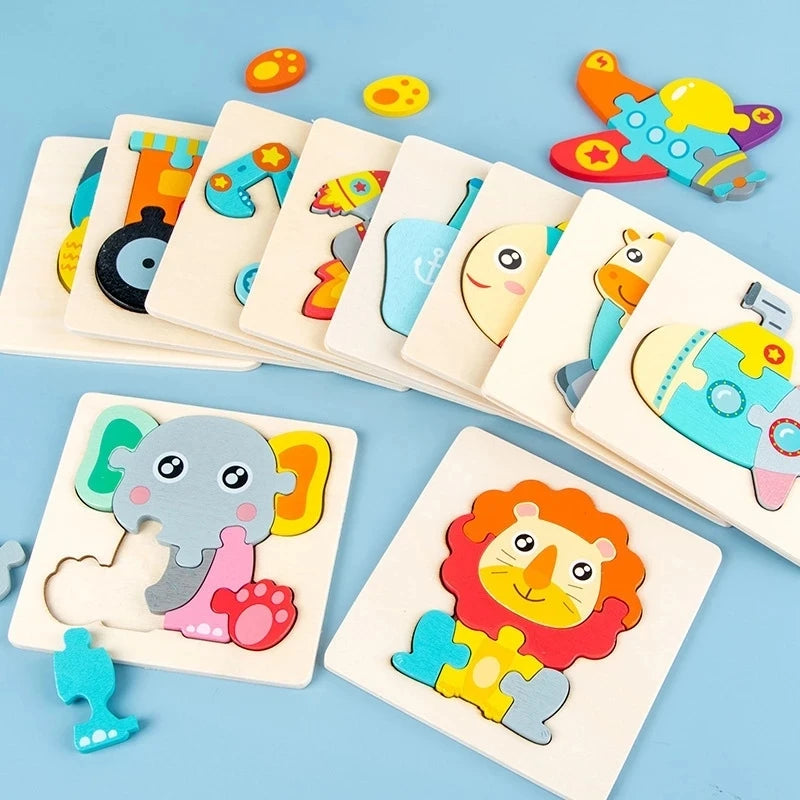 Montessori Toys 3D Puzzle Cartoon Animals Vehicle Cognitive Jigsaw Puzzle Wooden Toys for Children Baby Puzzle Game Gift