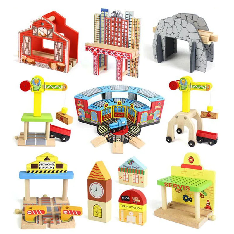 New Wooden Railway Train Track Set Accessoriess Train Station Tunnel Crane Fit All Brands Wood Tracks Educational Toys for Kids