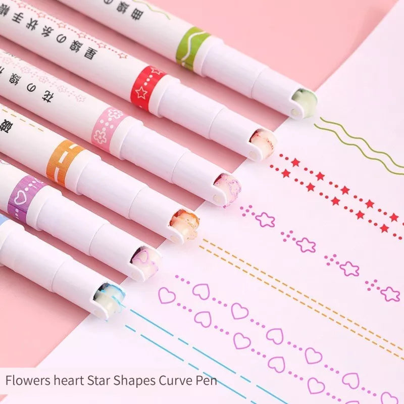 6Pcs/Set Kawaii Flowers Line Shaped Highlighter Pens Roller Tip Curve Liner Marker for Writing Journaling Drawing Stationery