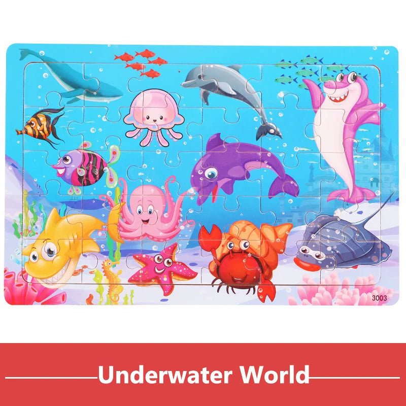New 30 Pieces Wooden 3D Puzzles Cartoon Animal Jigsaw Puzzle Board Game Preschool Montessori Educational Toys for Children