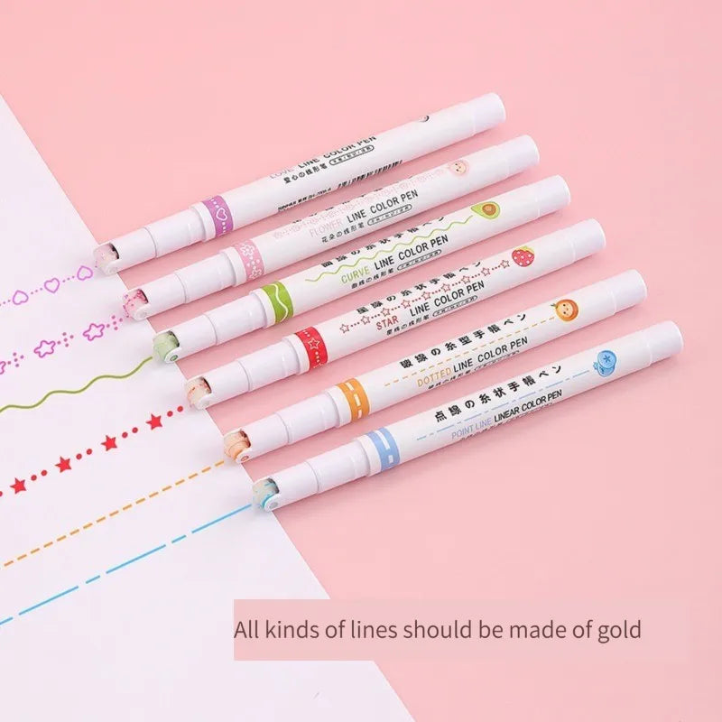 6Pcs/Set Kawaii Flowers Line Shaped Highlighter Pens Roller Tip Curve Liner Marker for Writing Journaling Drawing Stationery