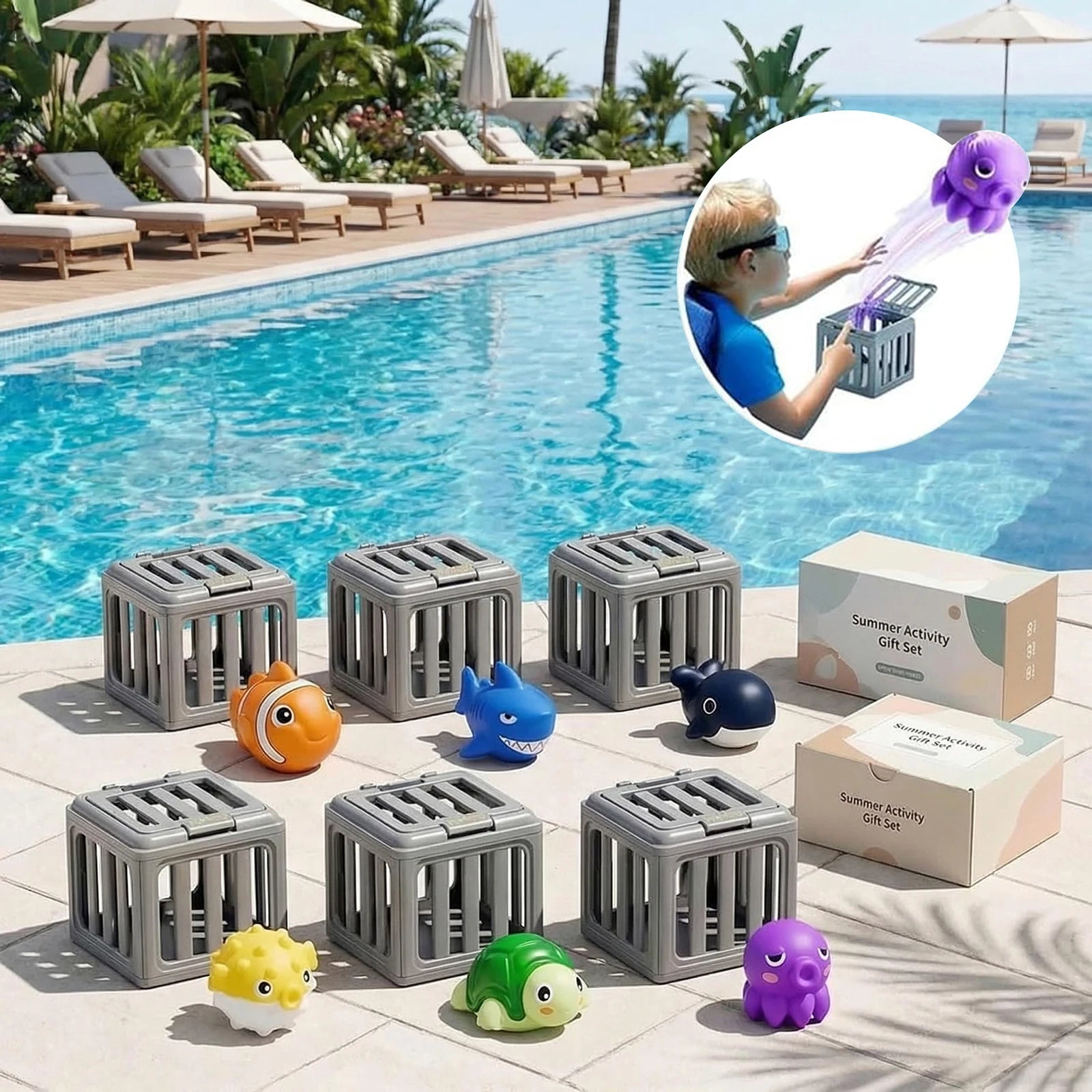 Toddler Bath Toy Play Set W/ Fish Box Floating Animals Water Swimming Dive Pool Game for 1 2 3 4 Years Old Boys Girls Gift