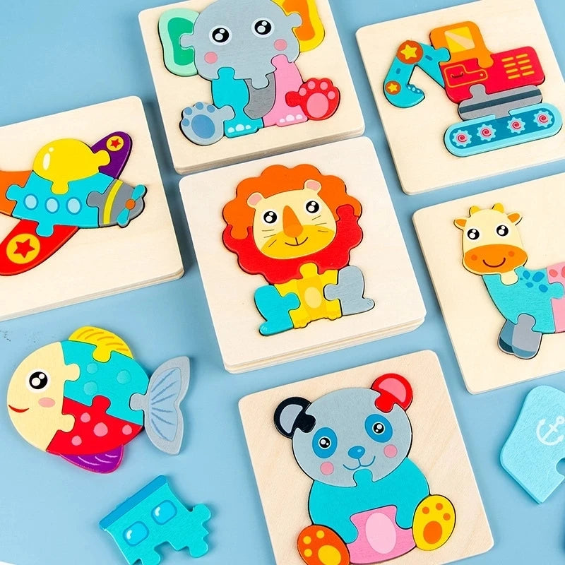 Montessori Toys 3D Puzzle Cartoon Animals Vehicle Cognitive Jigsaw Puzzle Wooden Toys for Children Baby Puzzle Game Gift